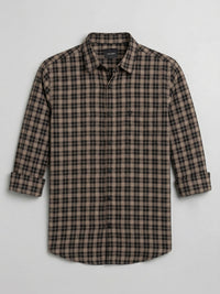 Men Shirt Check Brown Regular Fit