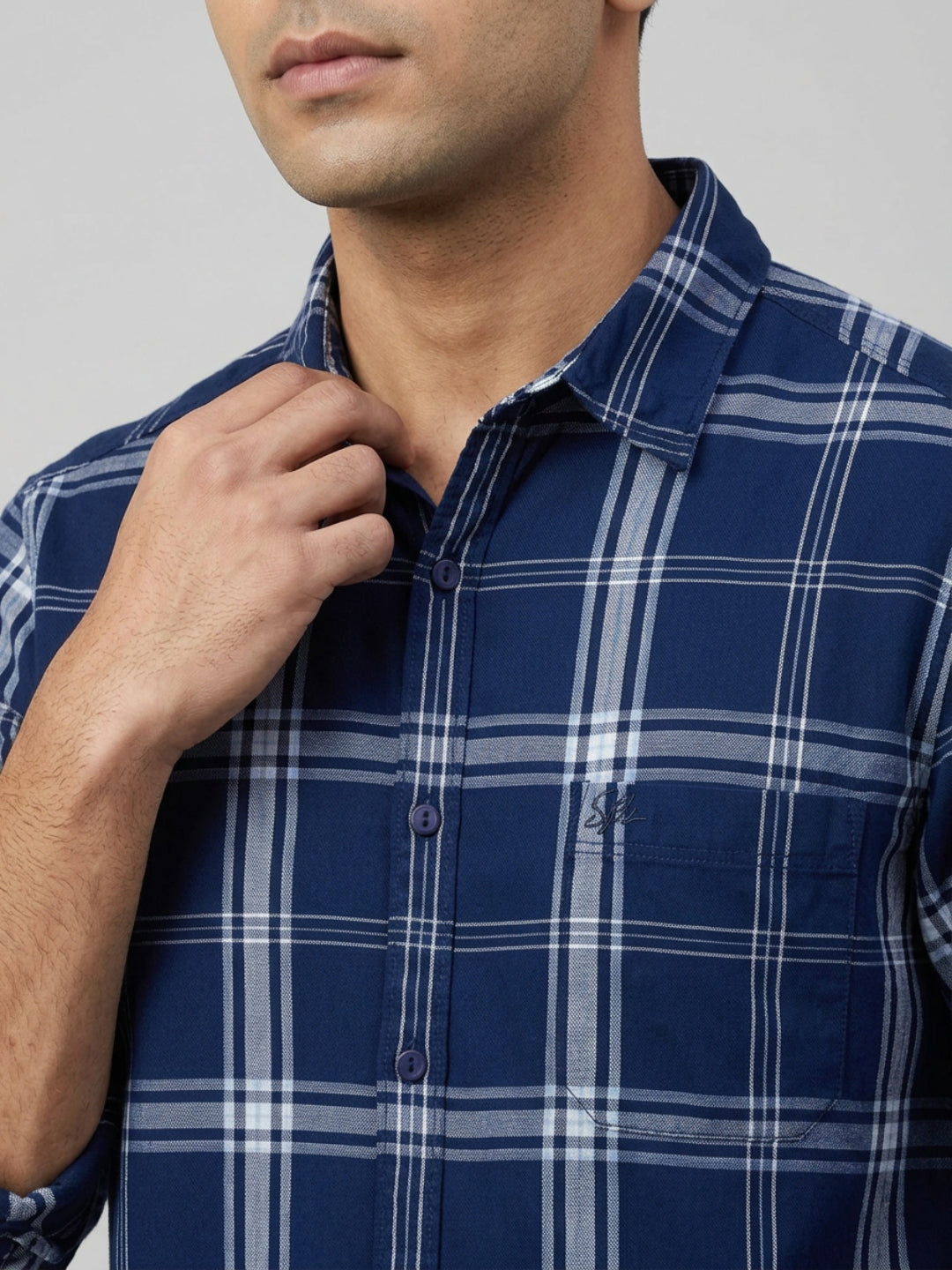 Men Shirt Check Blue Regular Fit