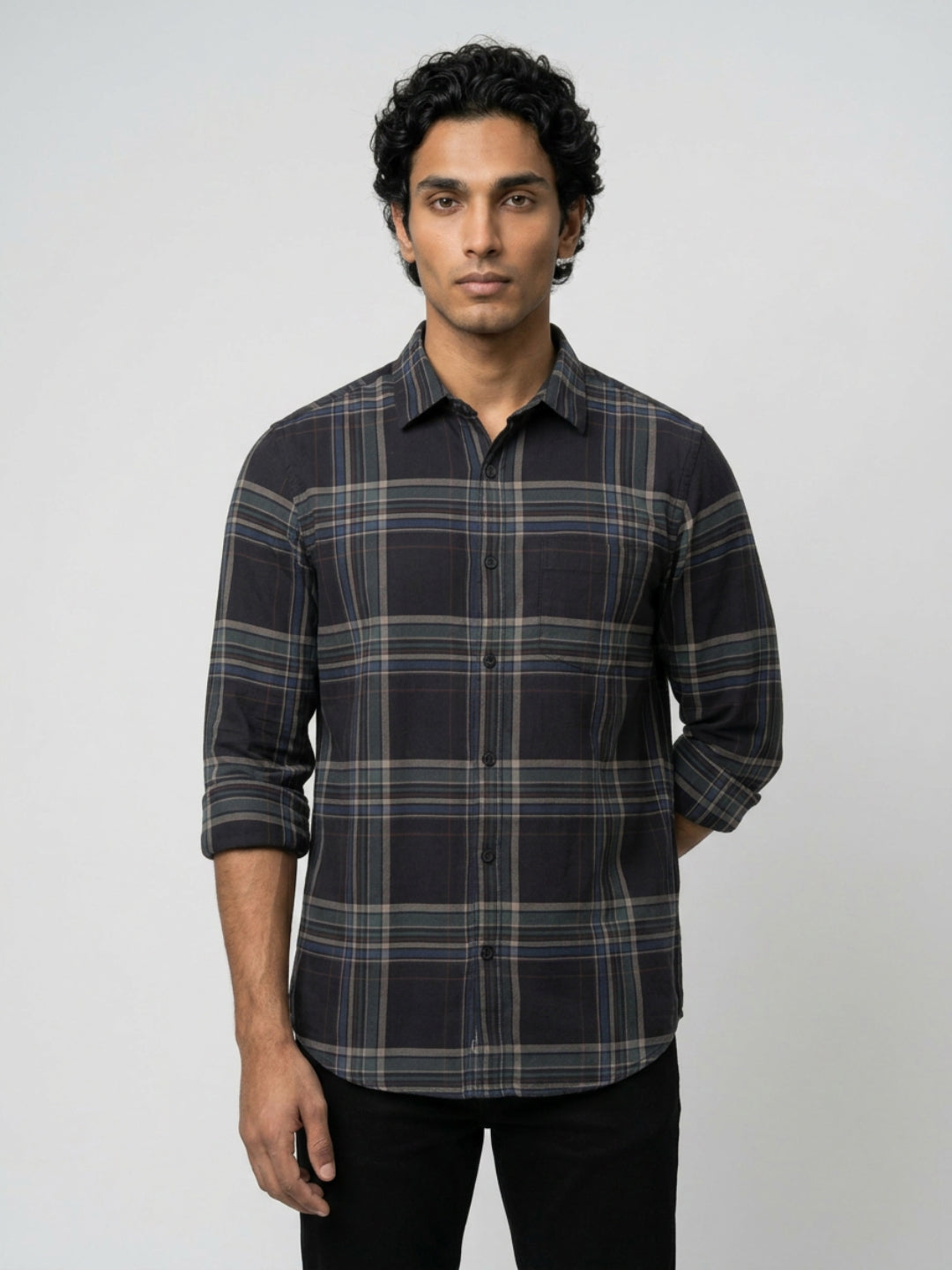 Men Shirt Check Jet Black Regular Fit
