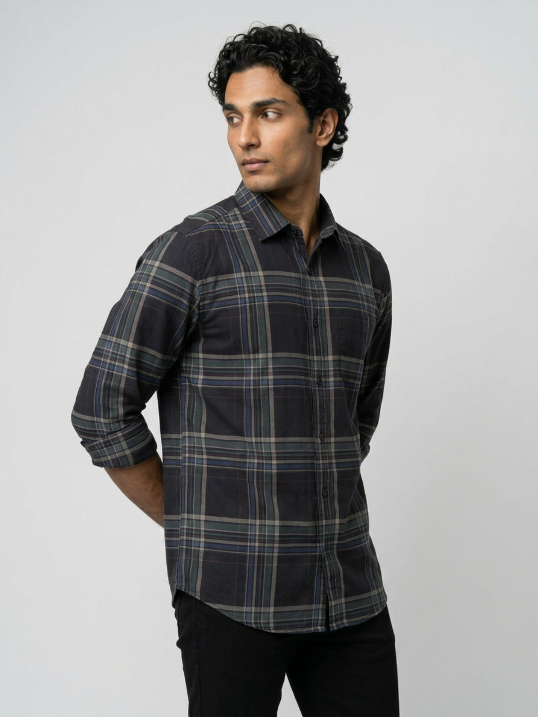 Men Shirt Check Jet Black Regular Fit