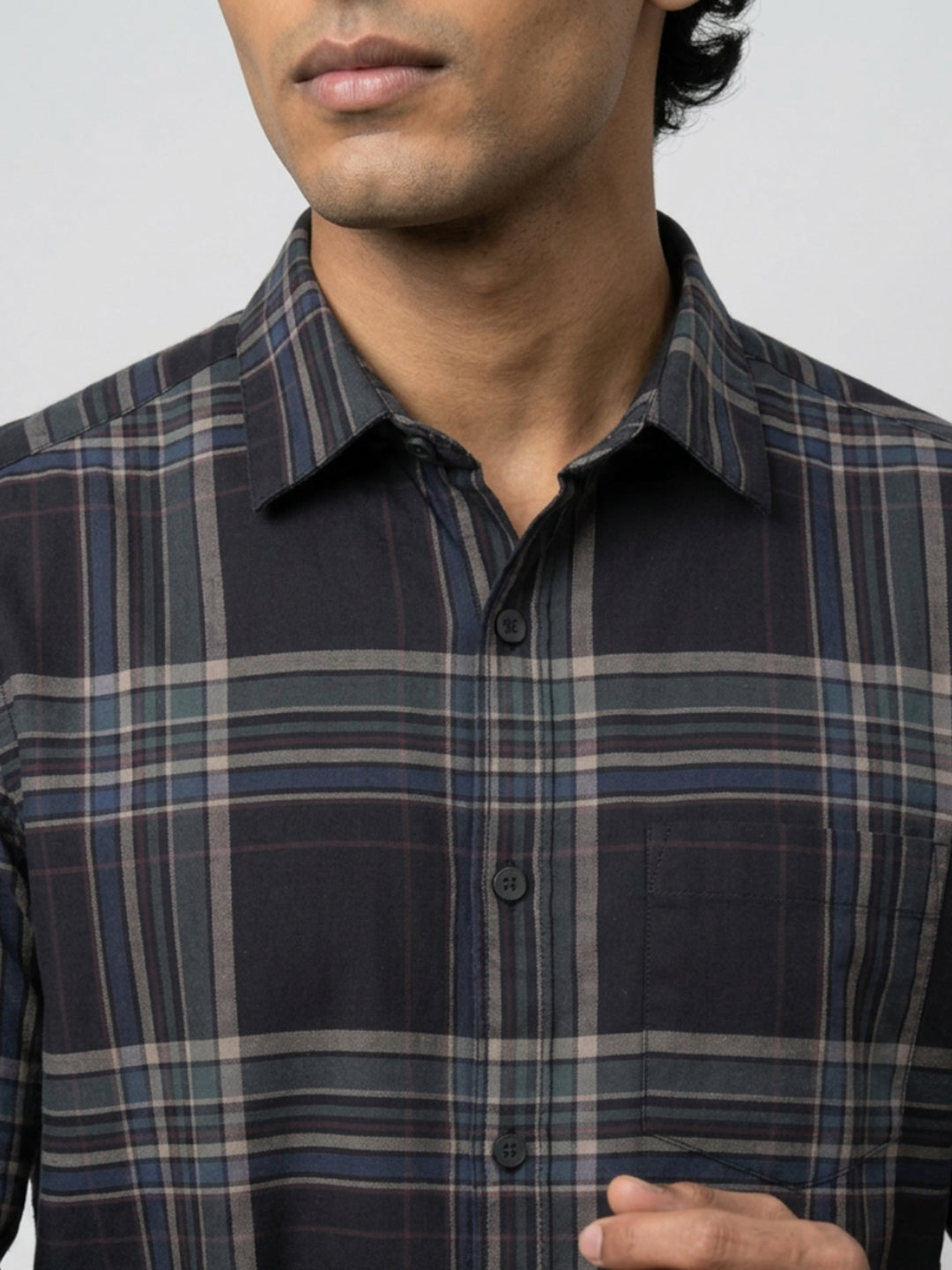 Men Shirt Check Jet Black Regular Fit
