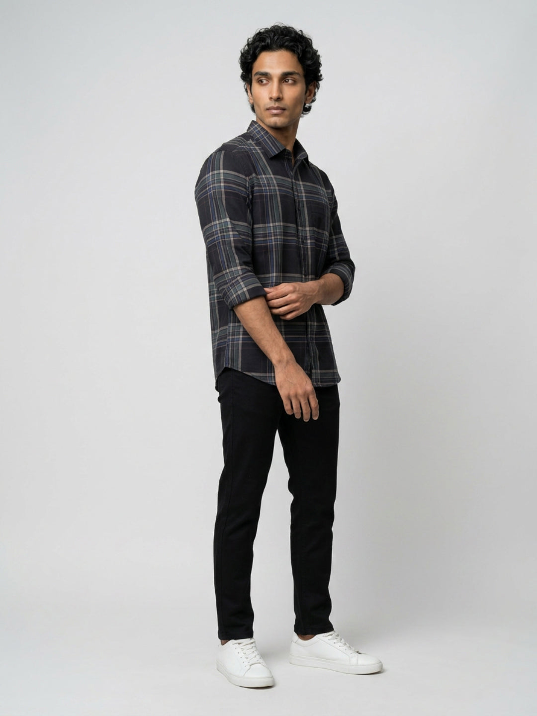 Men Shirt Check Jet Black Regular Fit