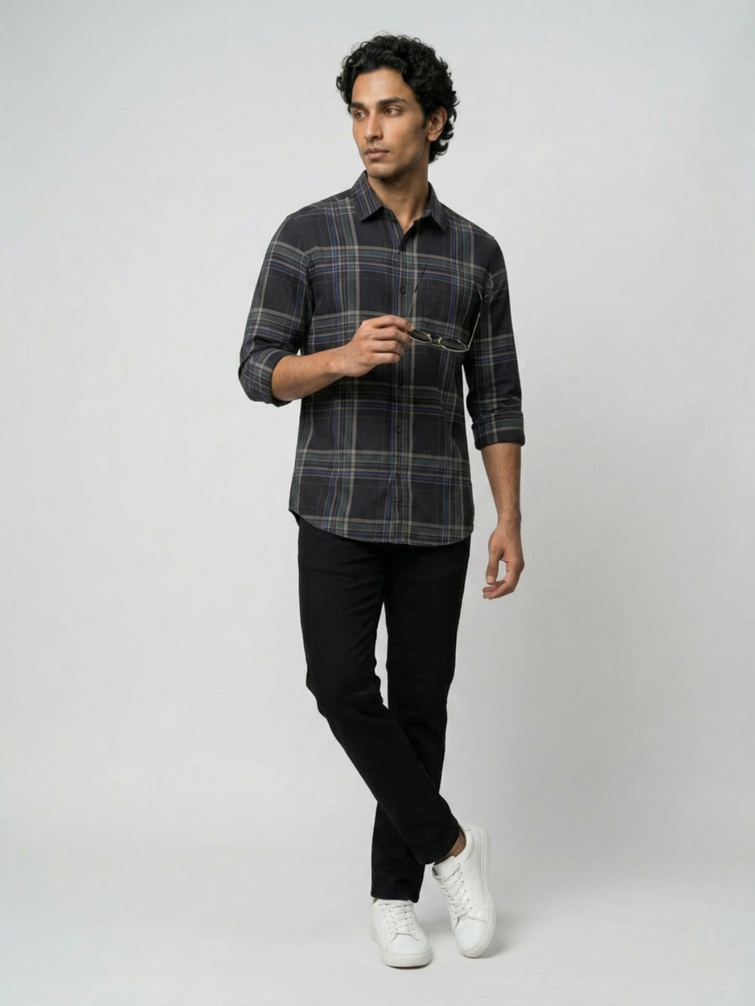 Men Shirt Check Jet Black Regular Fit