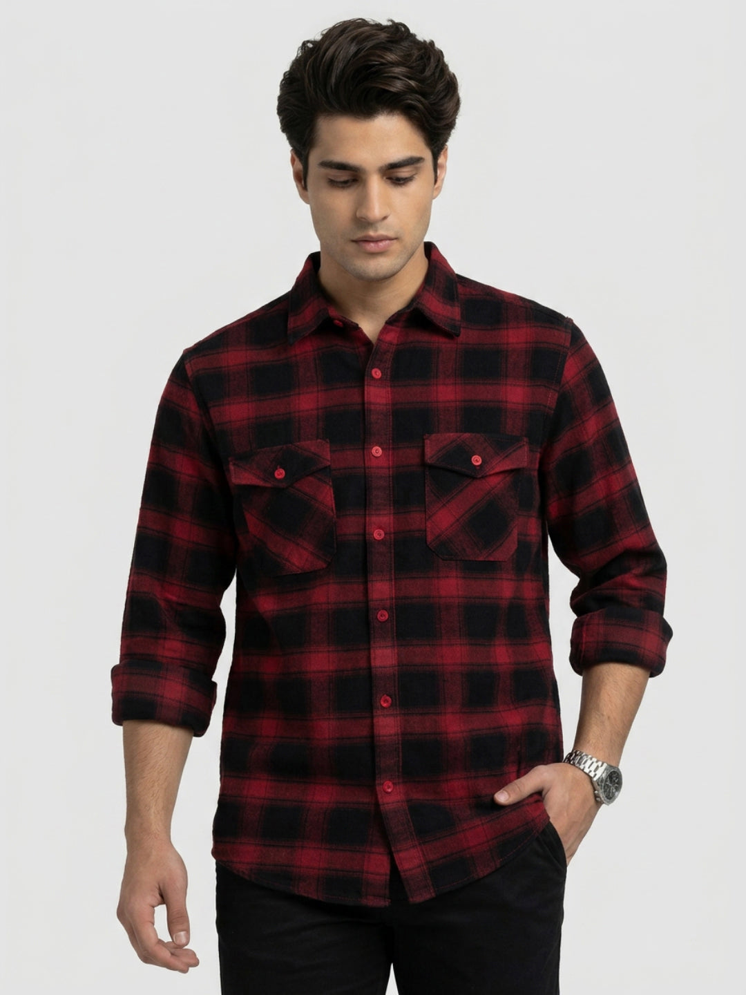 Men Shirt Check Red Regular Fit