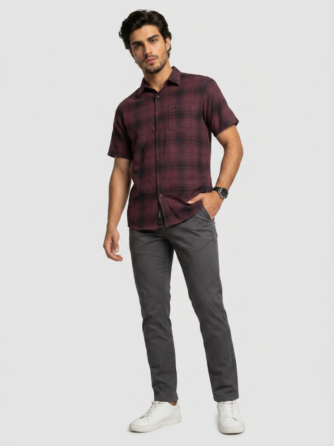 Men Shirt Check Maroon Regular Fit
