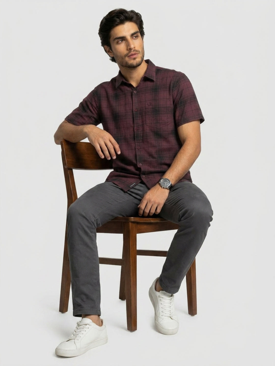 Men Shirt Check Maroon Regular Fit