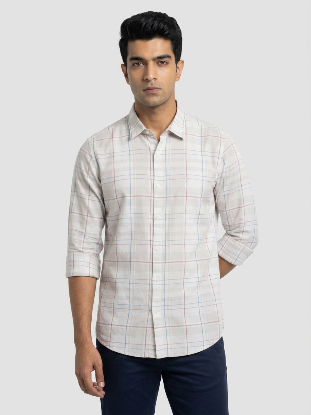 Men Shirt Check Grey Regular Fit