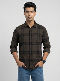 Men Shirt Check Brown Regular Fit