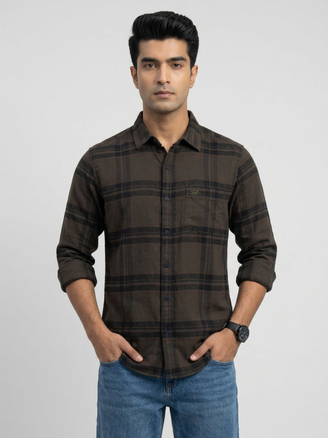 Men Shirt Check Brown Regular Fit