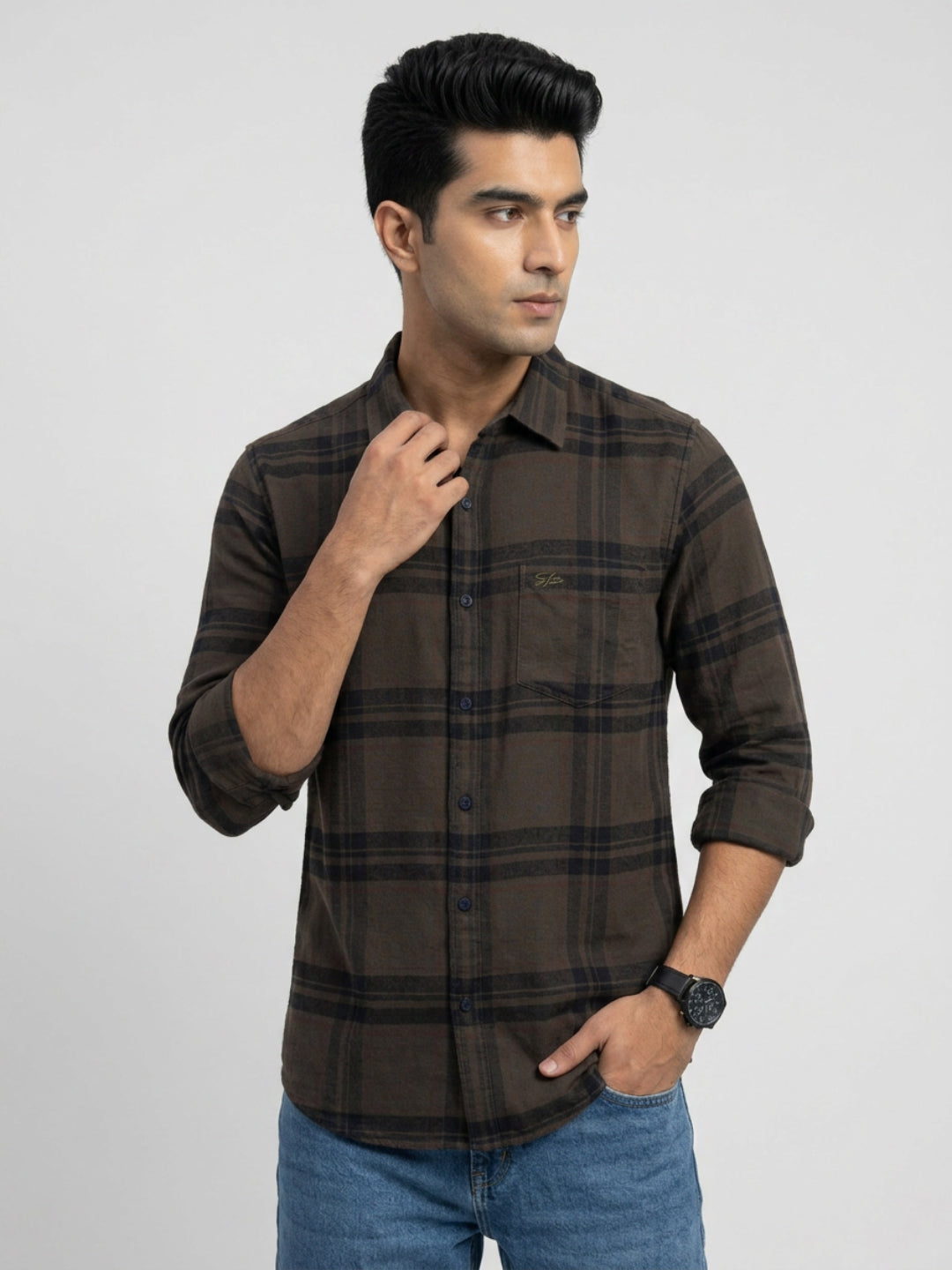 Men Shirt Check Brown Regular Fit