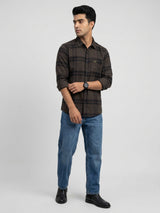 Men Shirt Check Brown Regular Fit