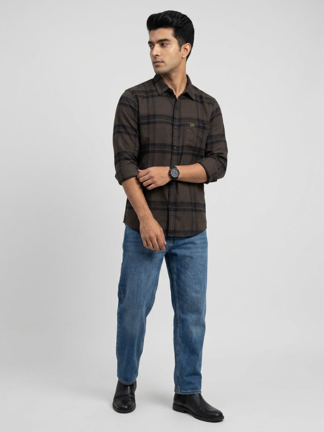 Men Shirt Check Brown Regular Fit