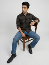 Men Shirt Check Brown Regular Fit