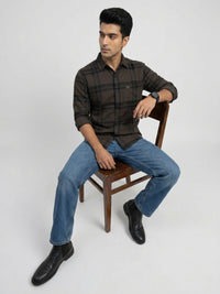 Men Shirt Check Brown Regular Fit