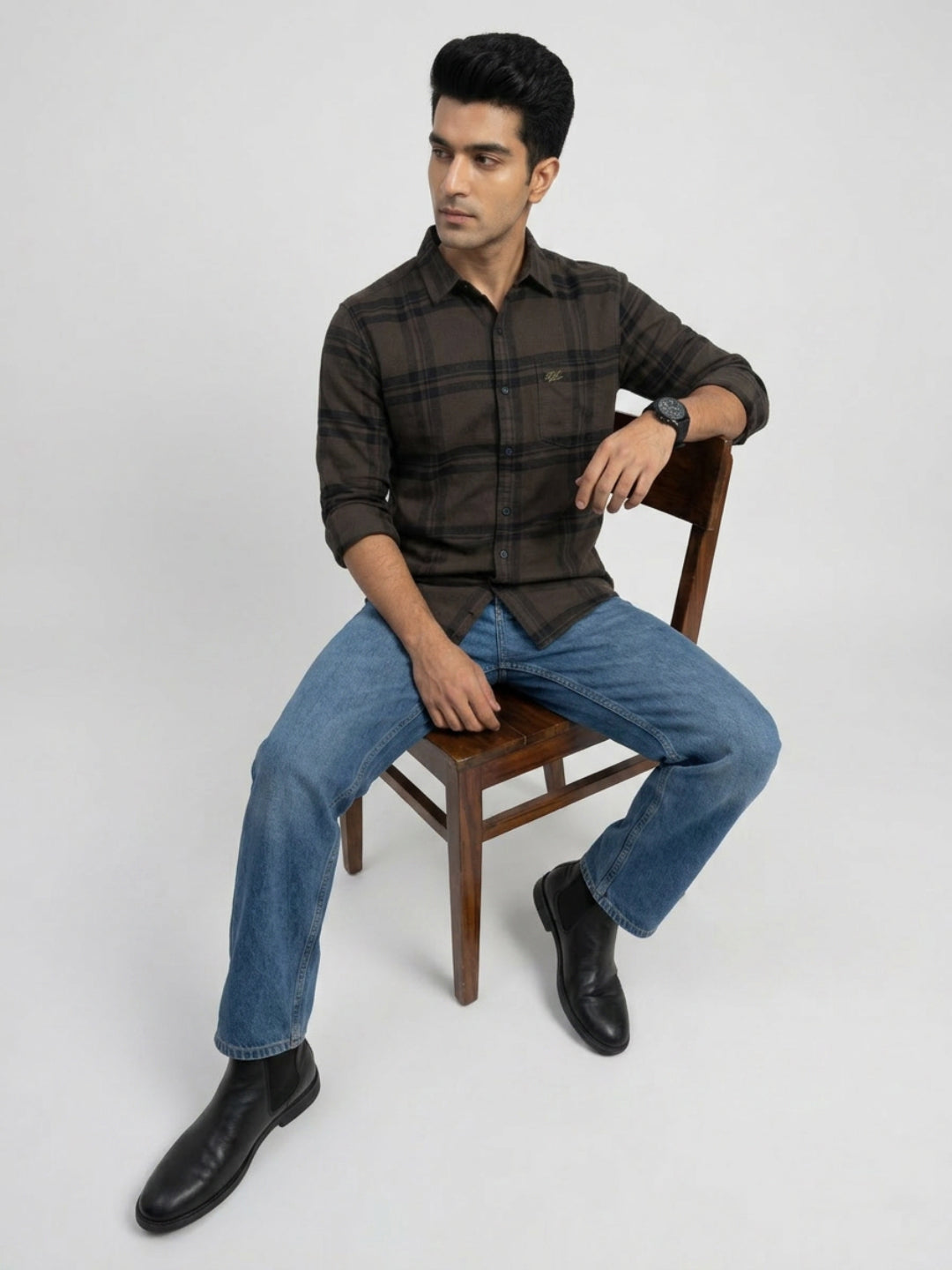 Men Shirt Check Brown Regular Fit