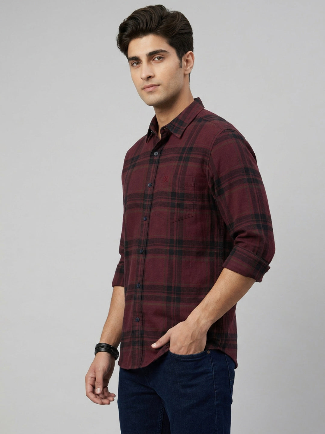 Men Shirt Check Maroon Regular Fit
