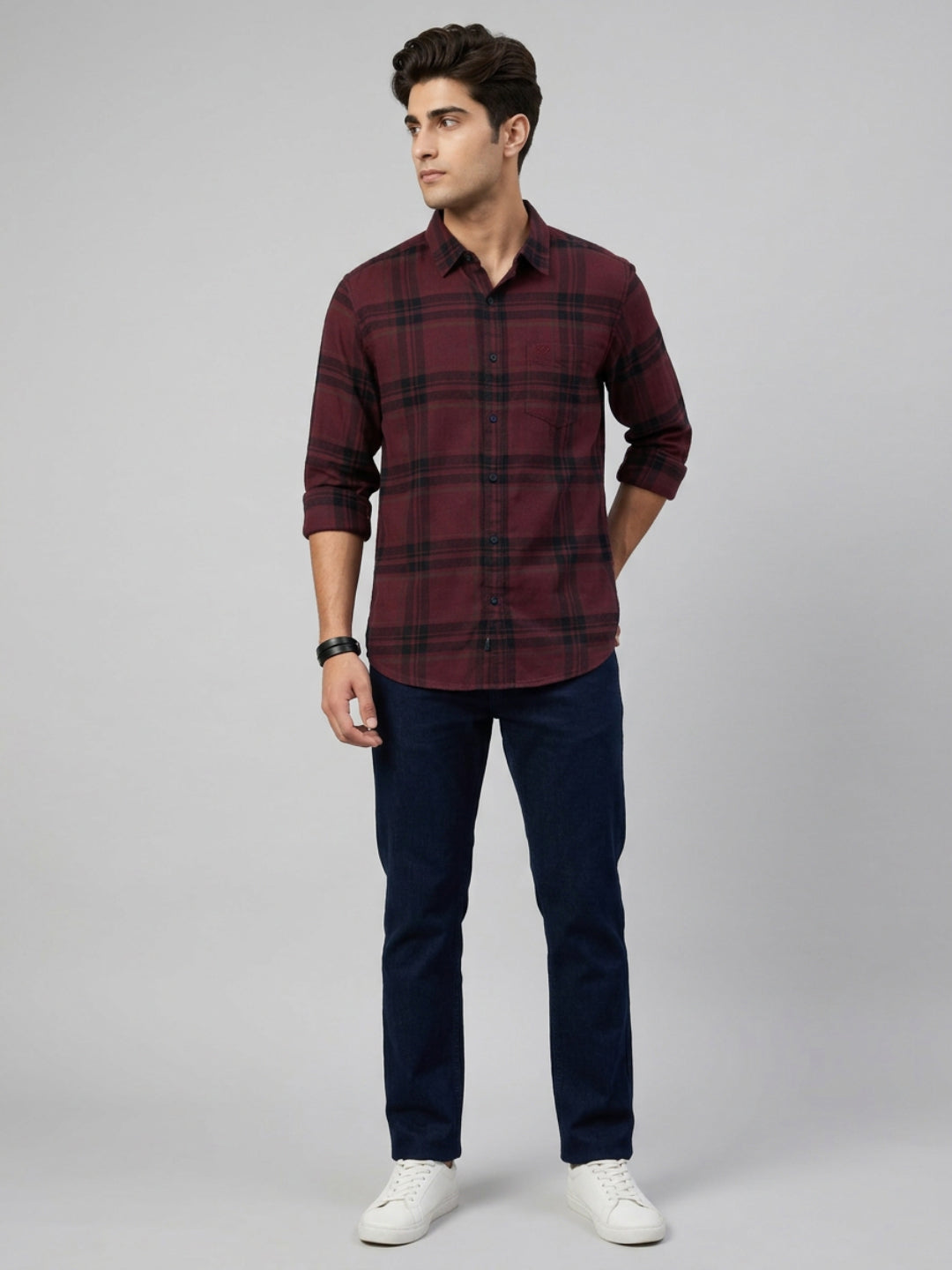 Men Shirt Check Maroon Regular Fit