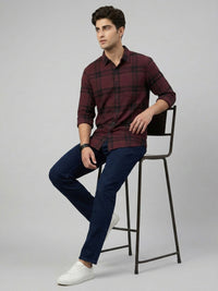 Men Shirt Check Maroon Regular Fit
