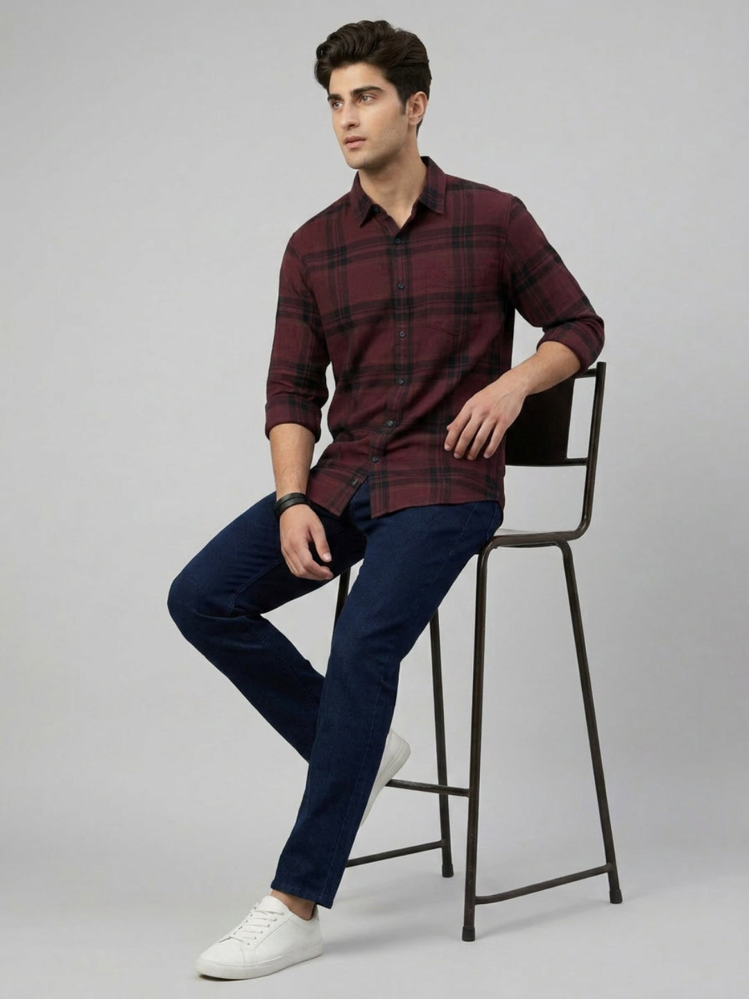 Men Shirt Check Maroon Regular Fit