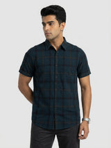 Men Shirt Check Teal Blue Regular Fit
