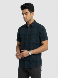 Men Shirt Check Teal Blue Regular Fit