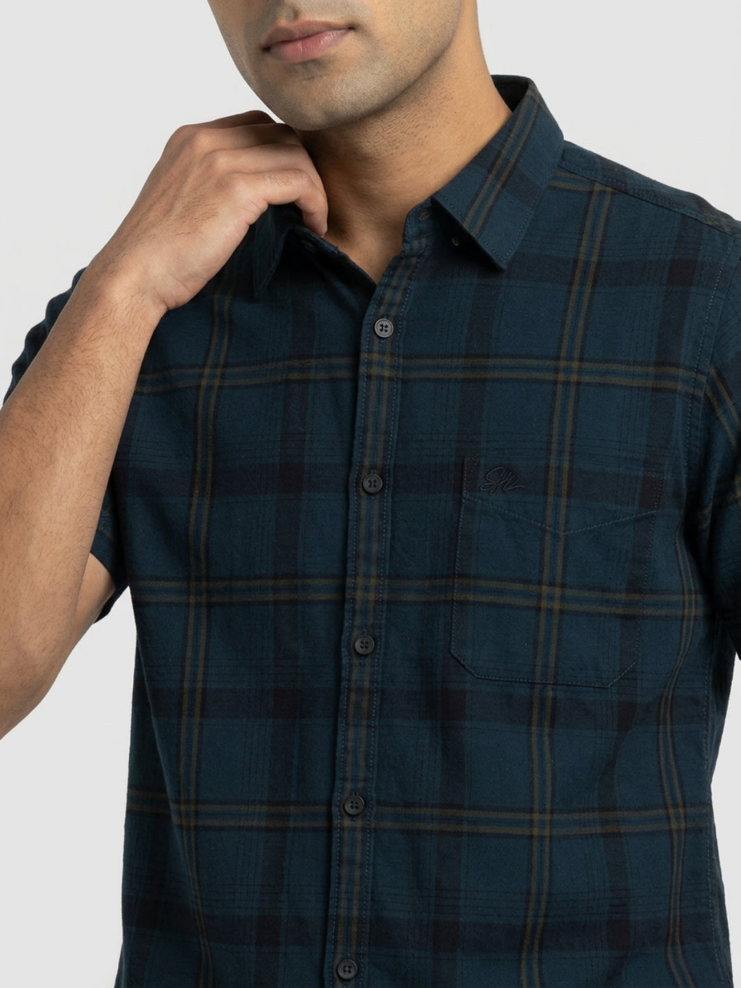 Men Shirt Check Teal Blue Regular Fit