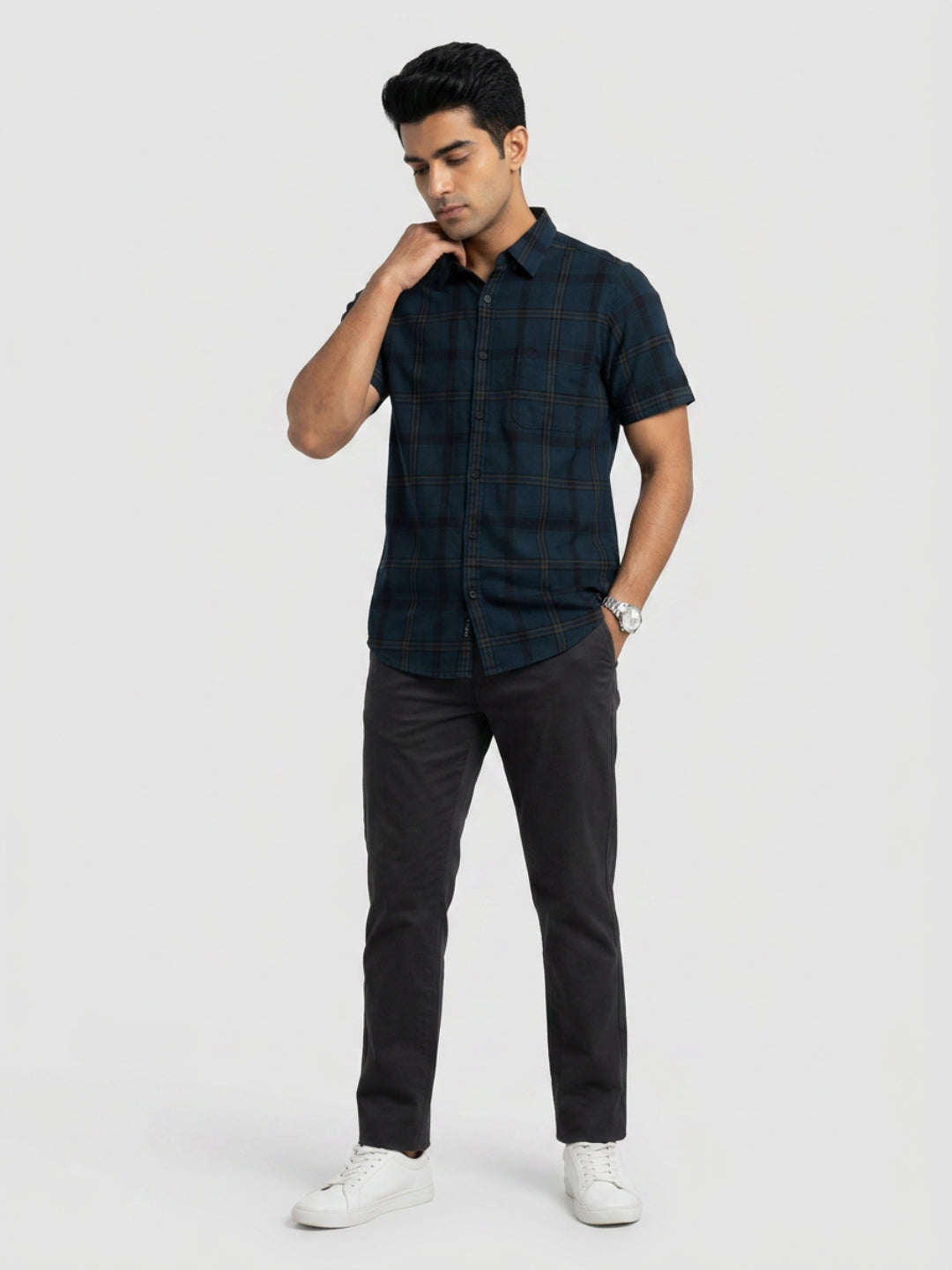Men Shirt Check Teal Blue Regular Fit