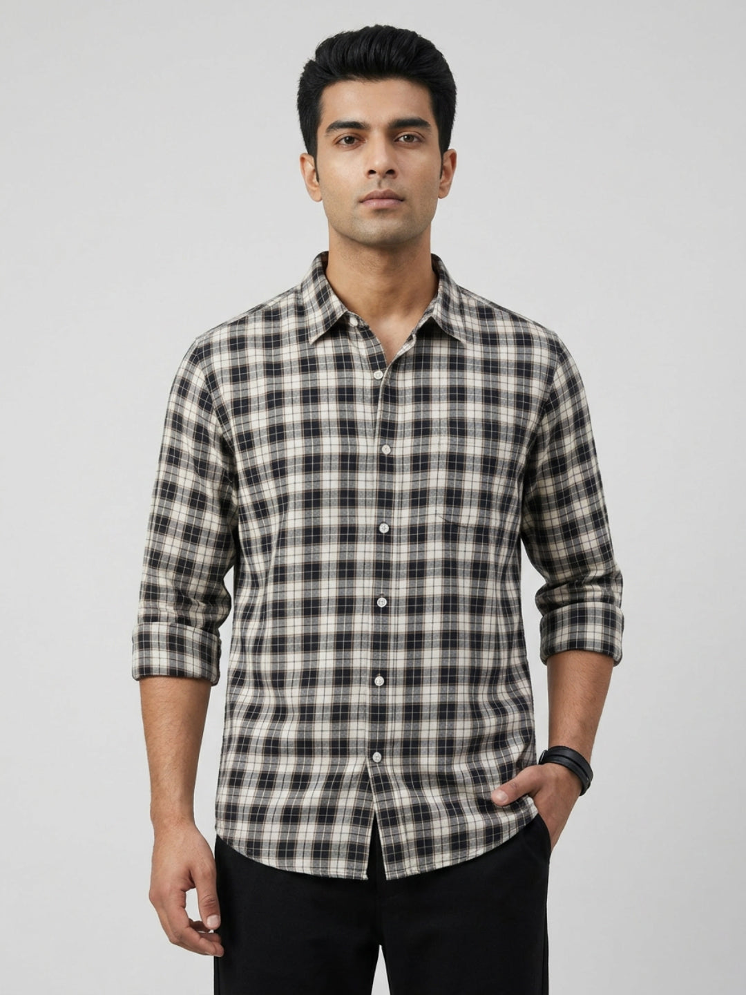 Men Shirt Check Jet Black Regular Fit