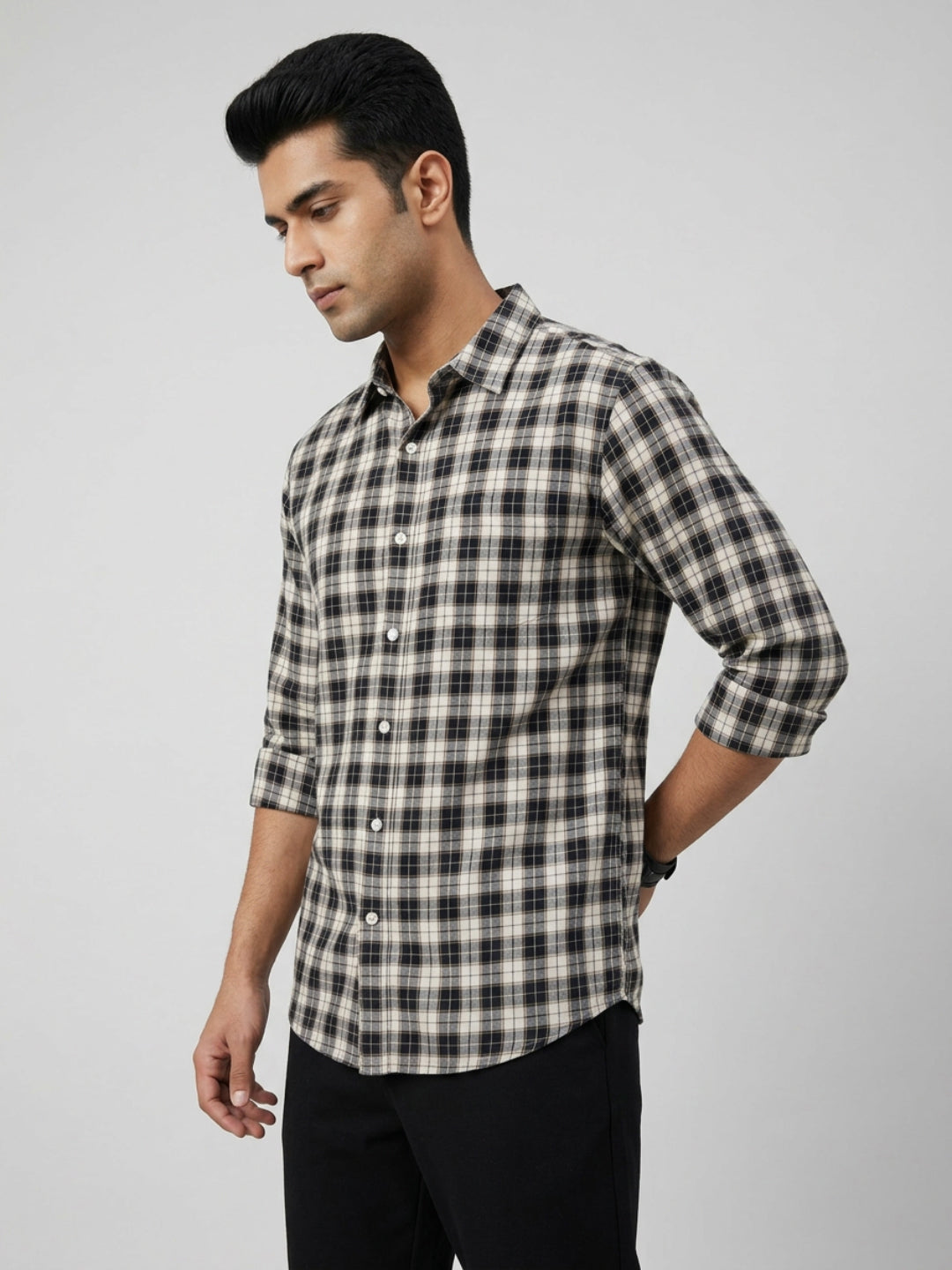 Men Shirt Check Jet Black Regular Fit