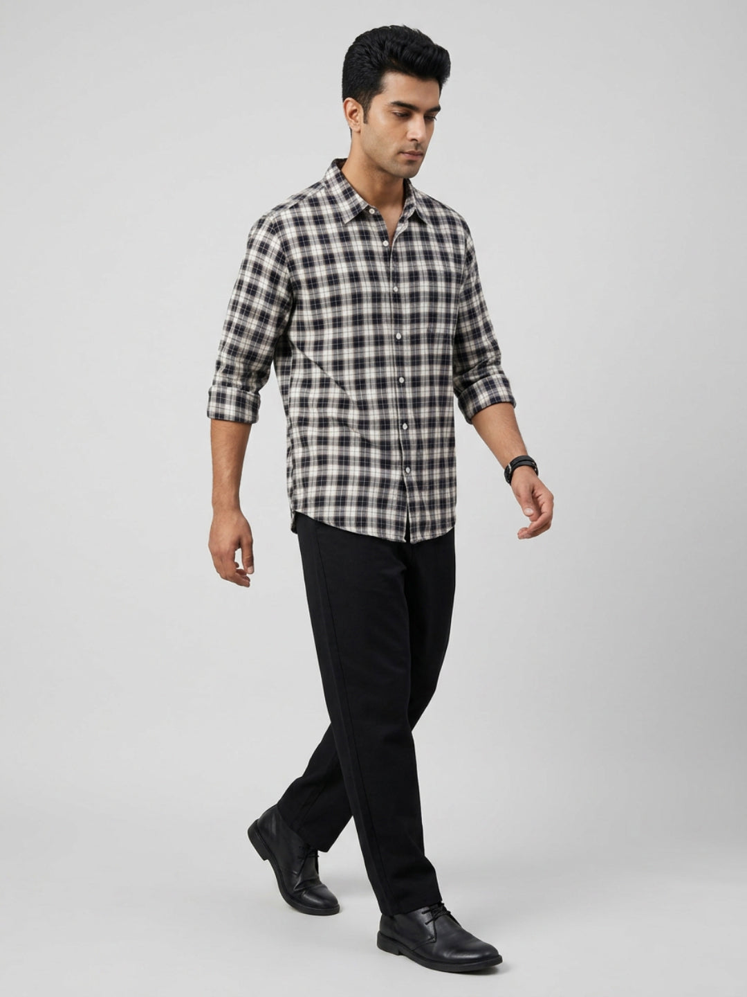 Men Shirt Check Jet Black Regular Fit
