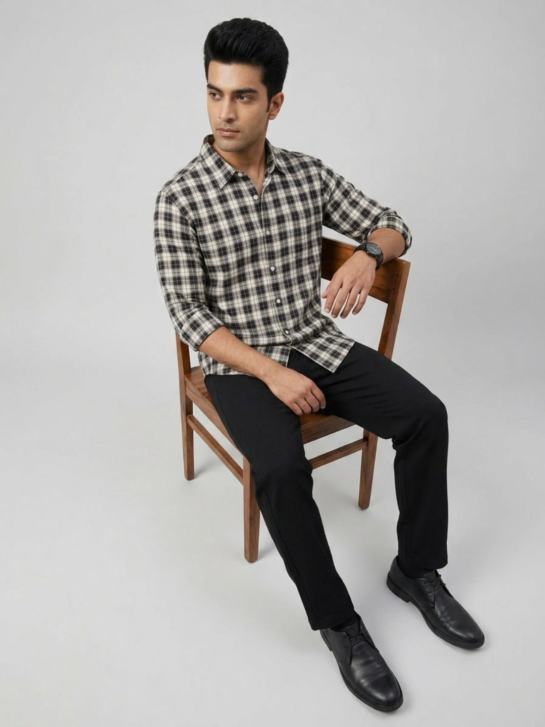 Men Shirt Check Jet Black Regular Fit