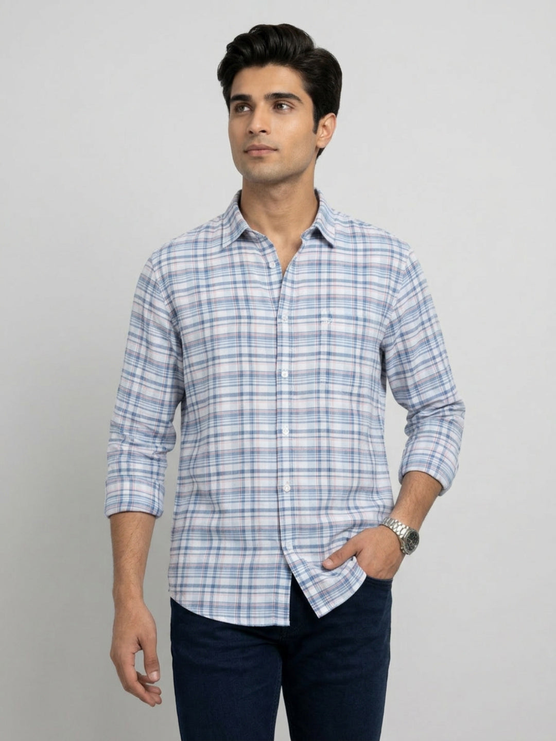 Men Shirt Check Blue Regular Fit