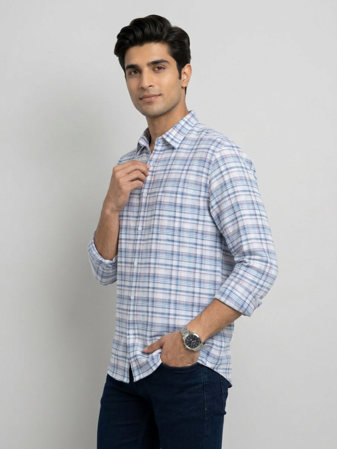 Men Shirt Check Blue Regular Fit