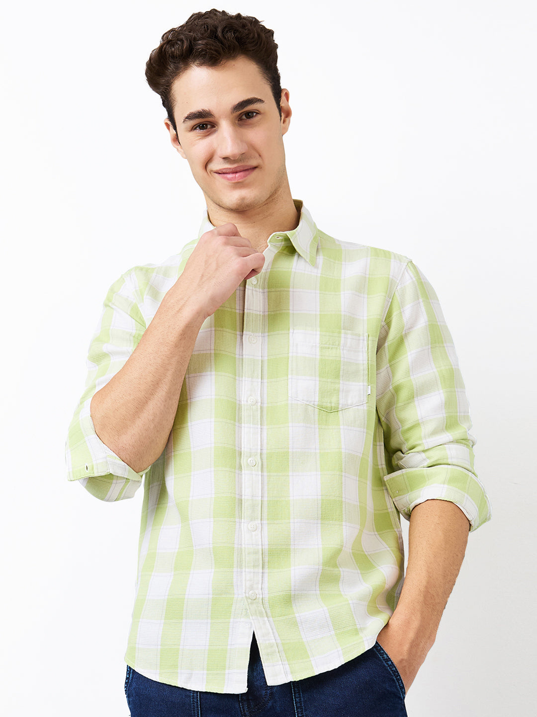 Spykar Green Slim Fit Checkered Full Sleeve Shirt For Men