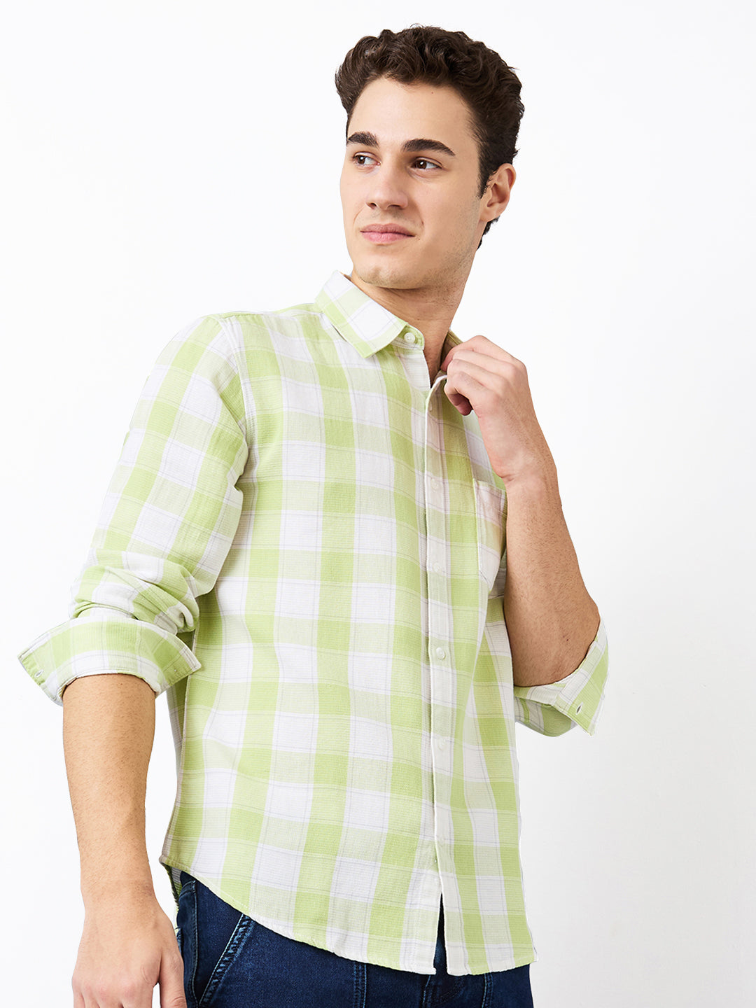 Spykar Green Slim Fit Checkered Full Sleeve Shirt For Men