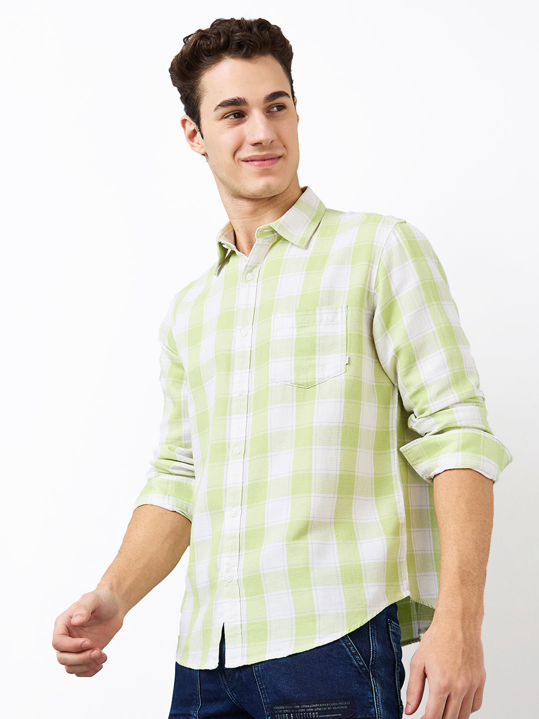 Spykar Green Slim Fit Checkered Full Sleeve Shirt For Men