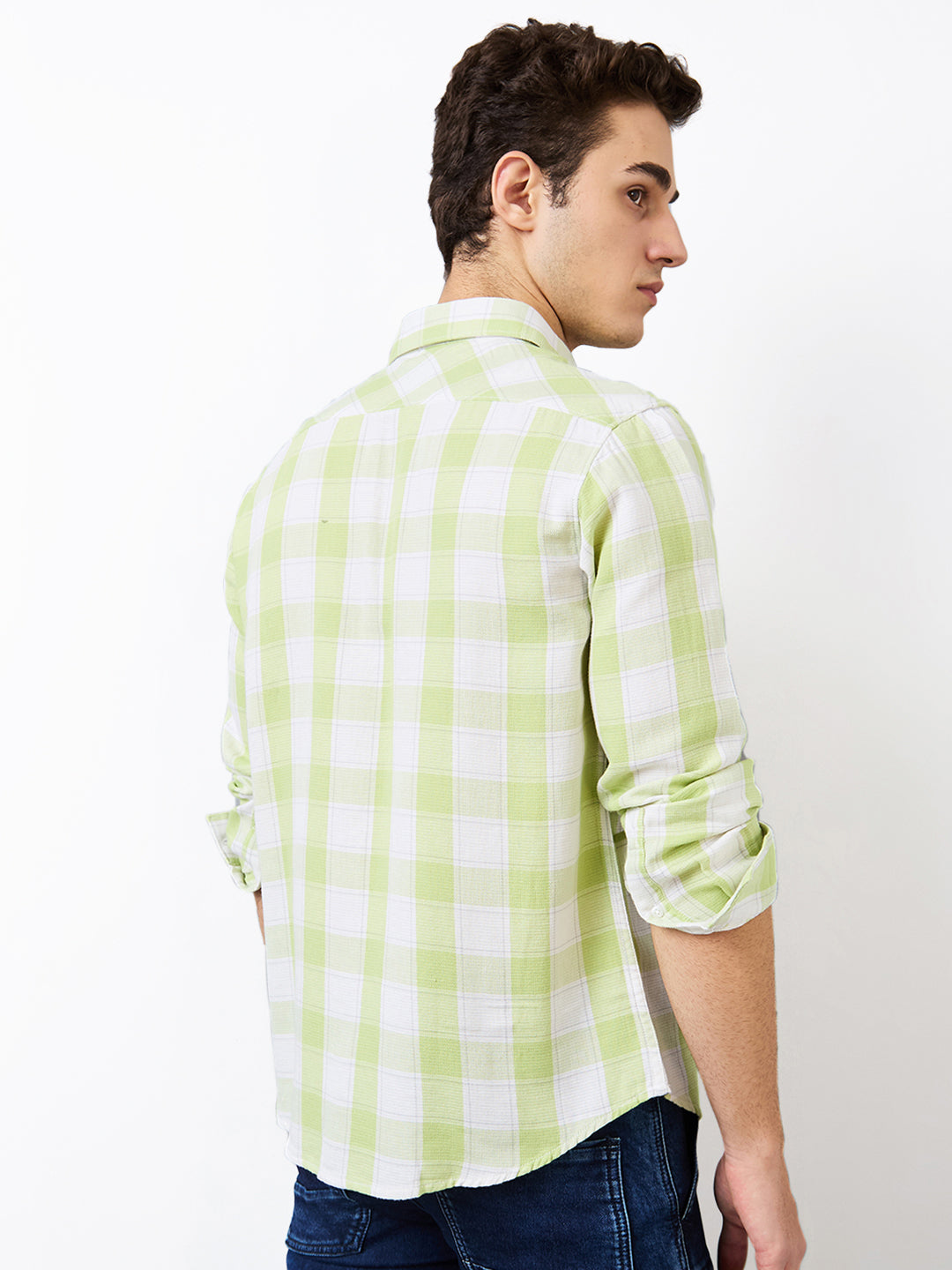 Spykar Green Slim Fit Checkered Full Sleeve Shirt For Men