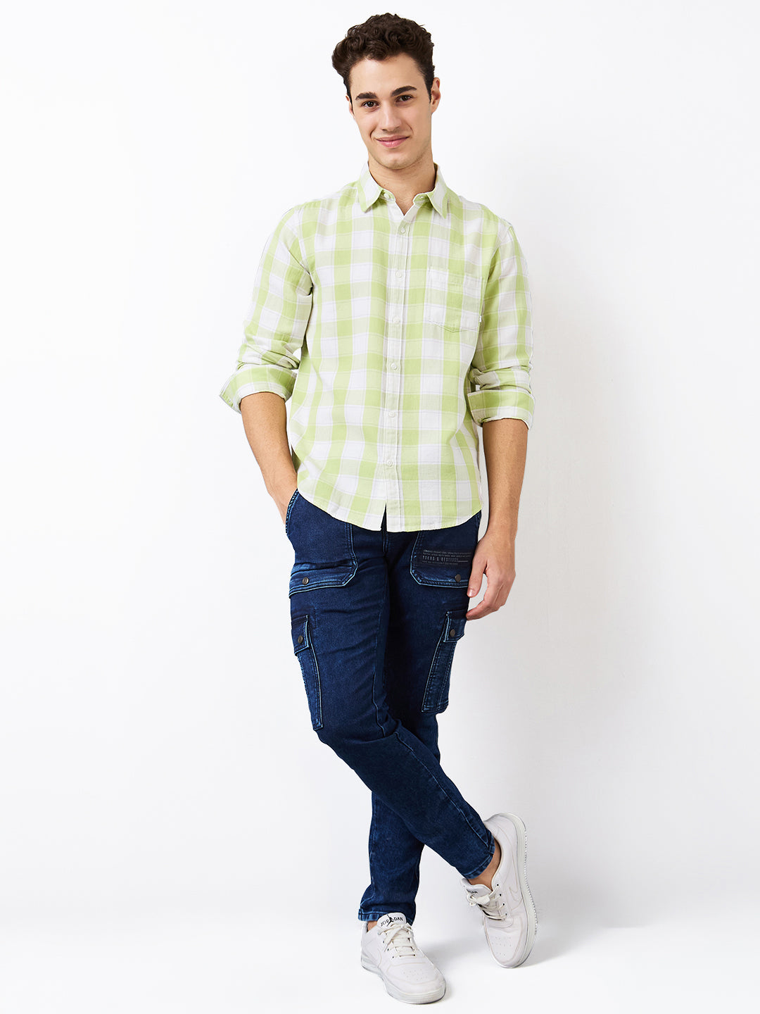Spykar Green Slim Fit Checkered Full Sleeve Shirt For Men
