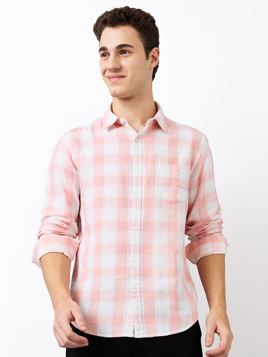 Spykar Pink Slim Fit Checkered Full Sleeve Shirt For Men