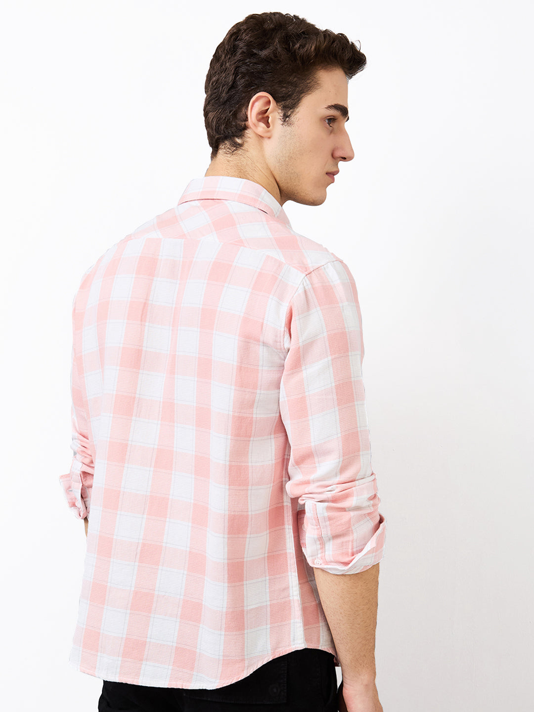 Spykar Pink Slim Fit Checkered Full Sleeve Shirt For Men