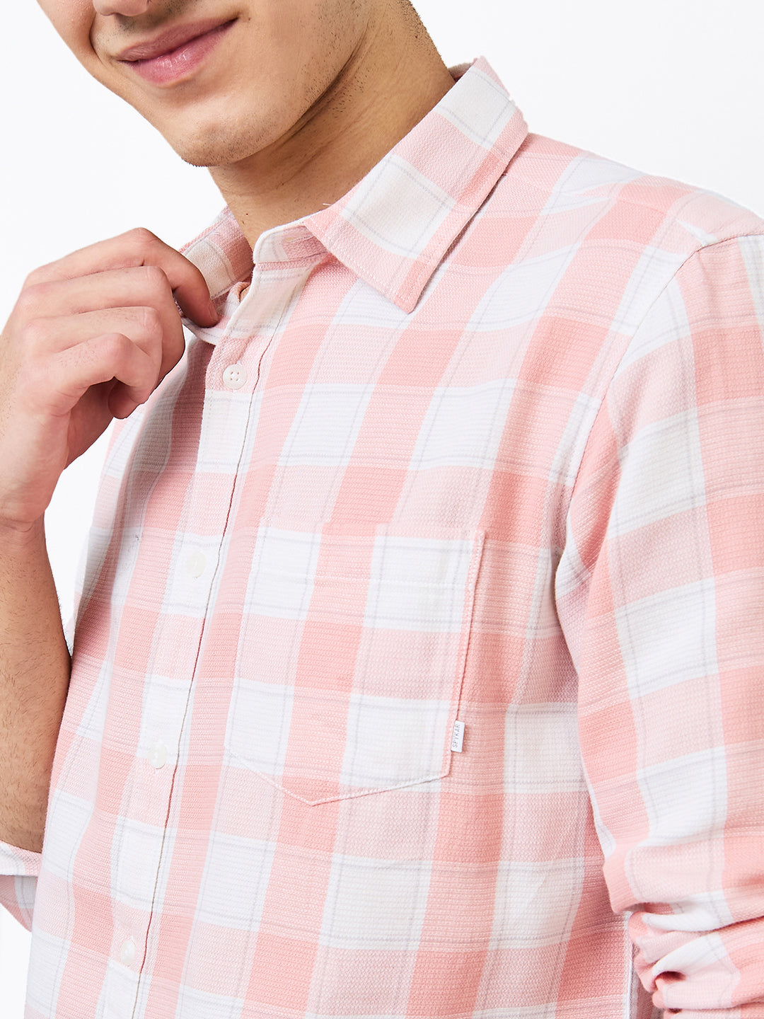 Spykar Pink Slim Fit Checkered Full Sleeve Shirt For Men