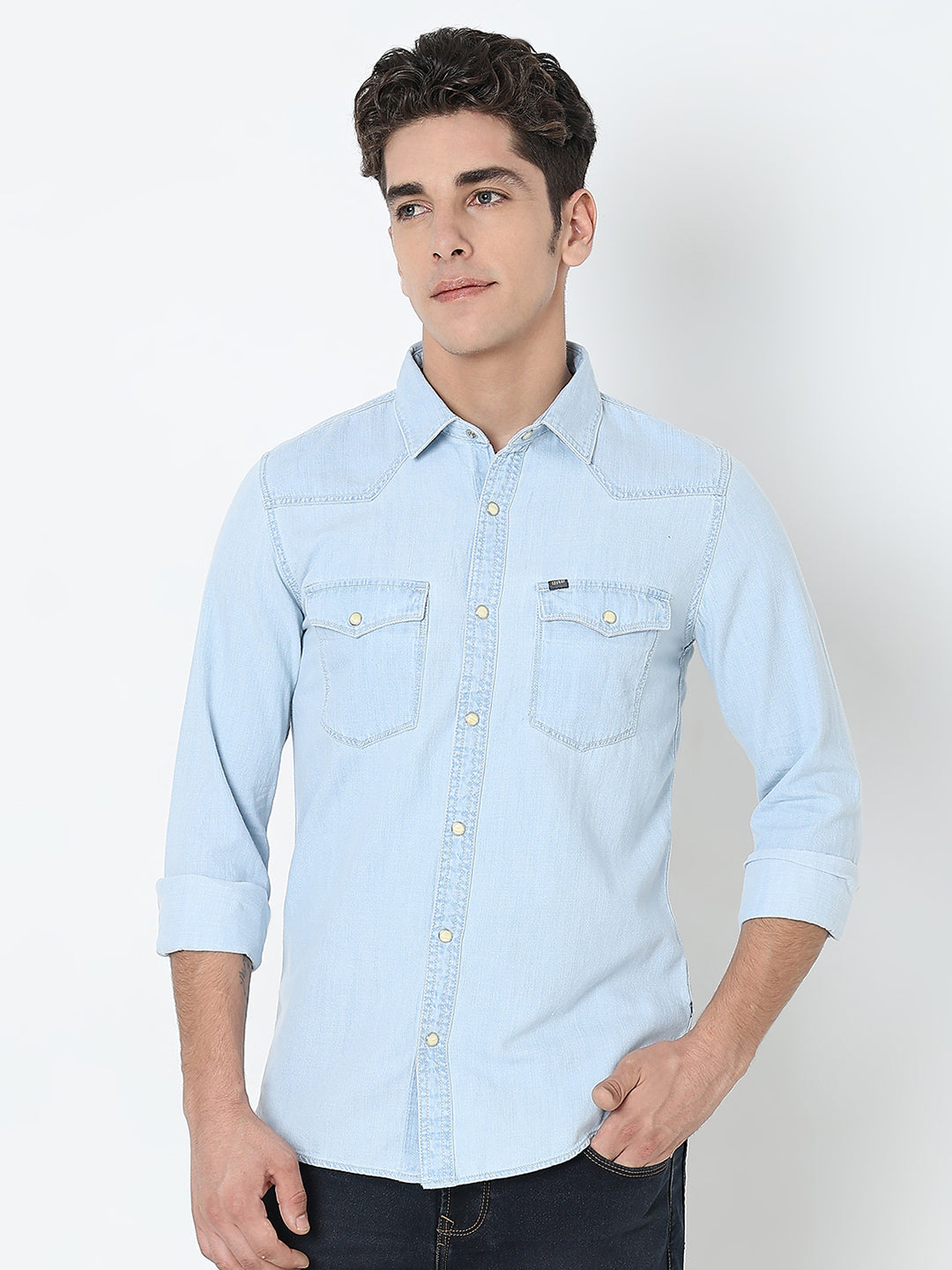 Spykar Blue Regular Fit Full Sleeves Cotton Solid Shirt For Men