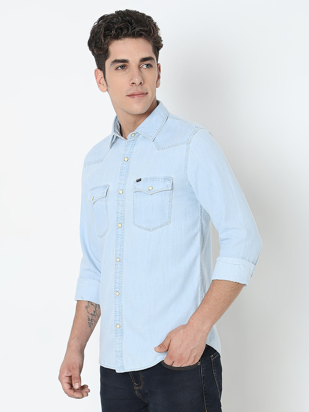 Spykar Blue Regular Fit Full Sleeves Cotton Solid Shirt For Men