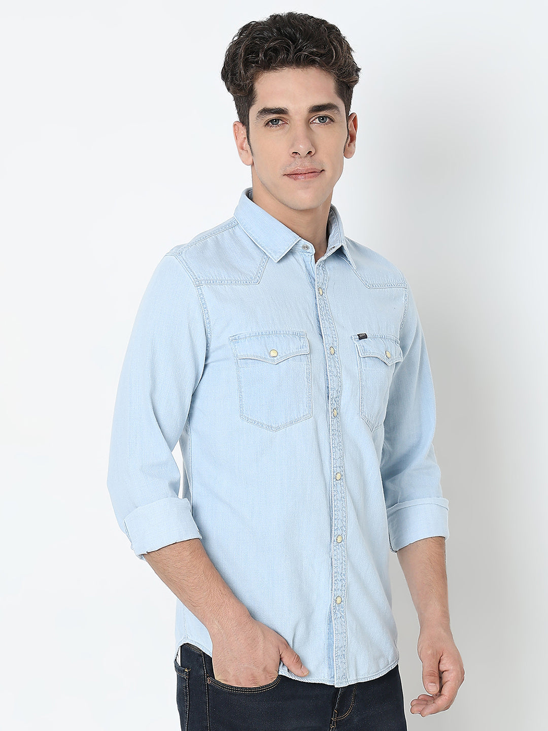 Spykar Blue Regular Fit Full Sleeves Cotton Solid Shirt For Men