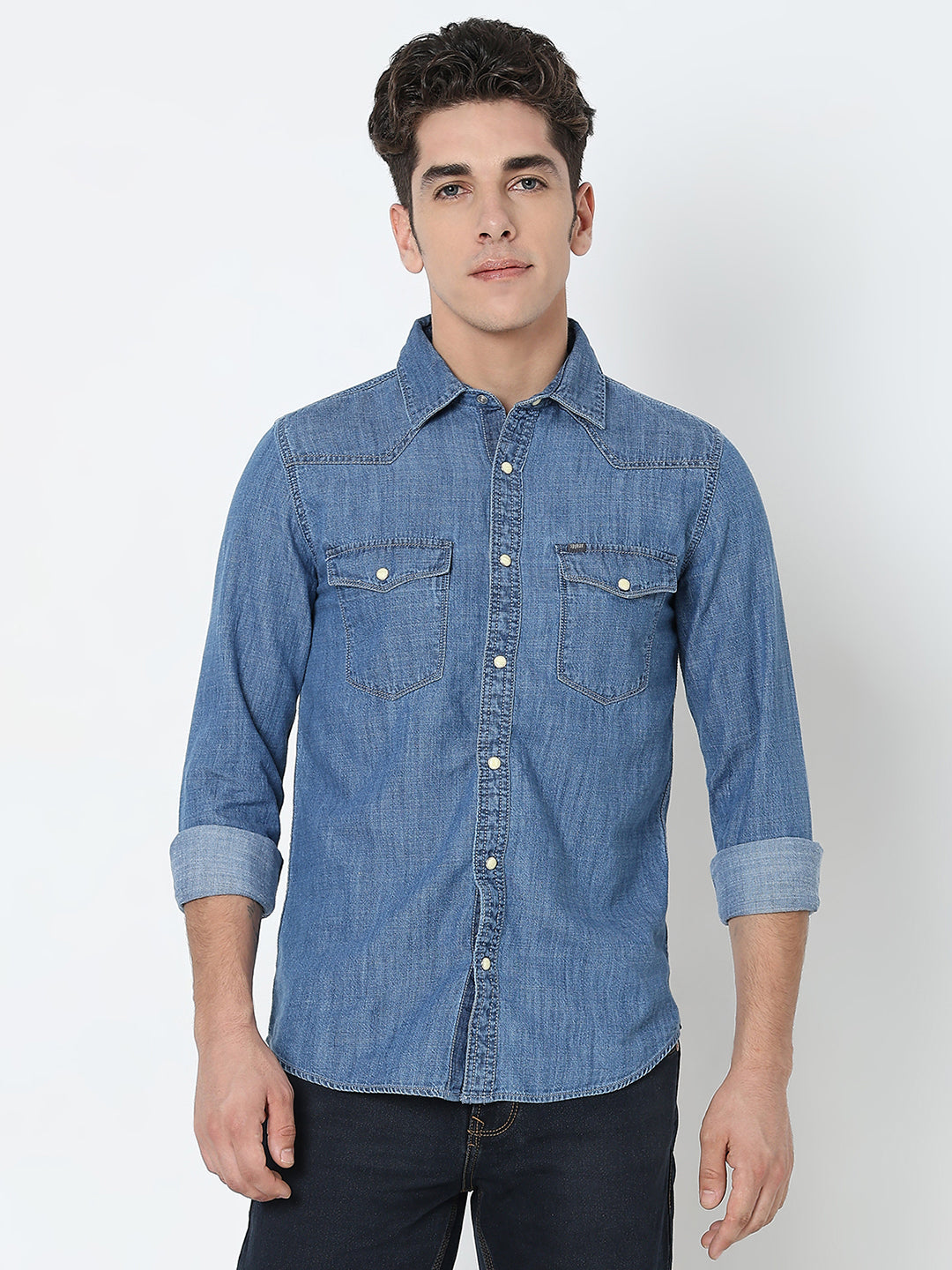 Spykar Blue Regular Fit Full Sleeves Cotton Solid Shirt For Men