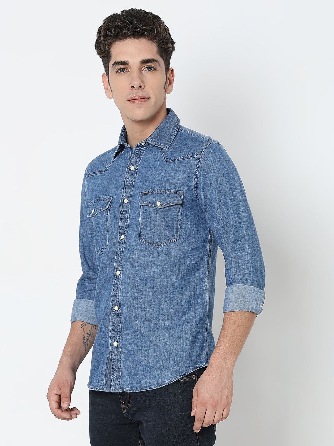 Spykar Blue Regular Fit Full Sleeves Cotton Solid Shirt For Men