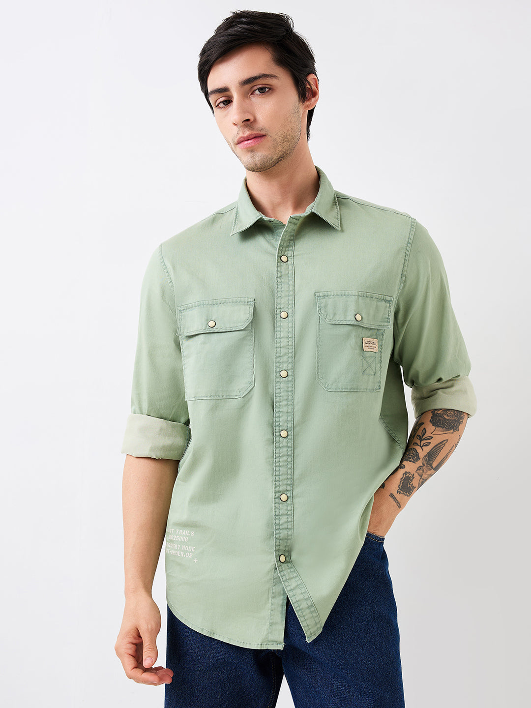 Spykar Green Slim Fit Indigo Full Sleeve Shirt For Men