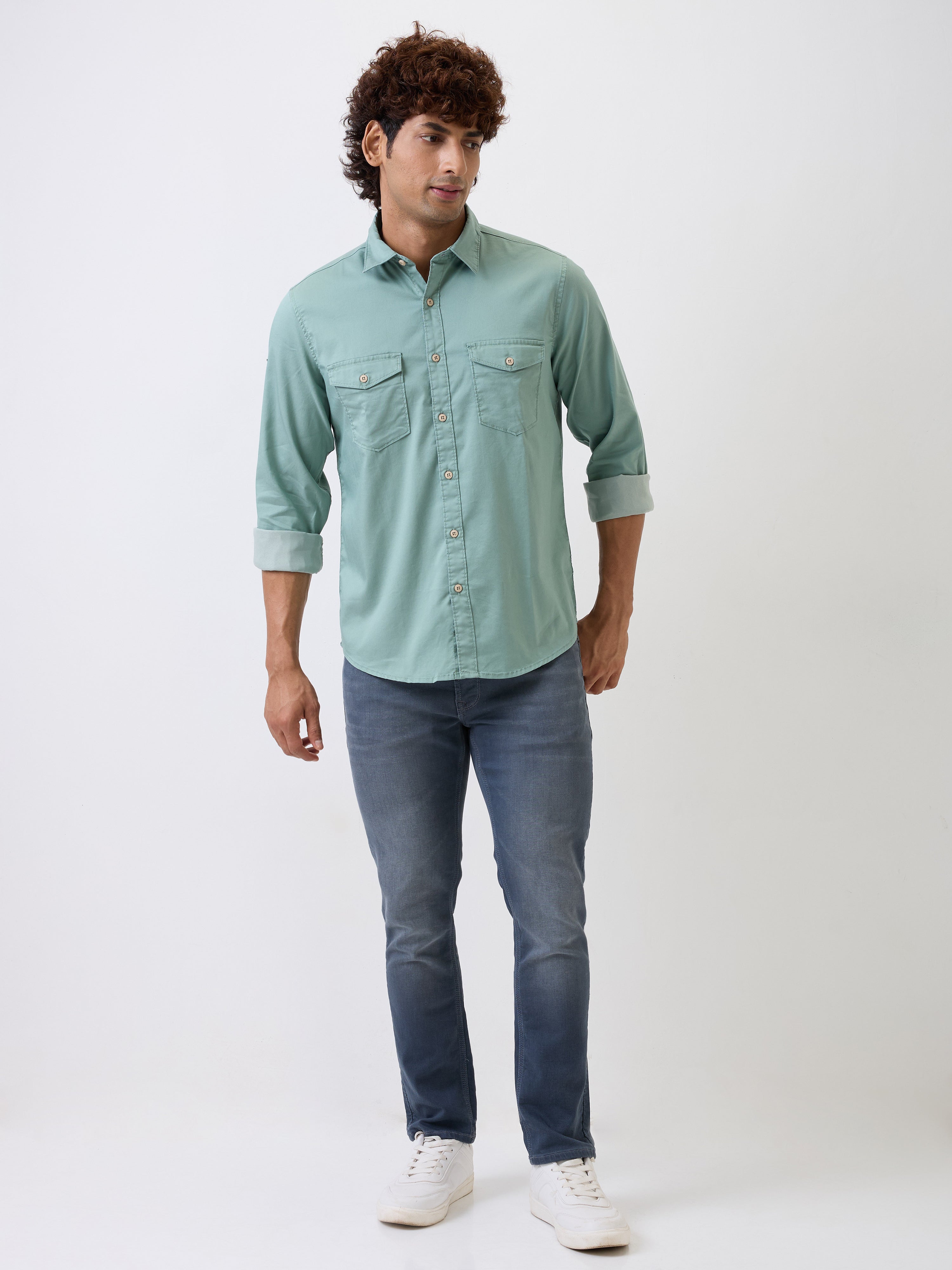 Spykar Green Slim Fit Casual Shirt For Men