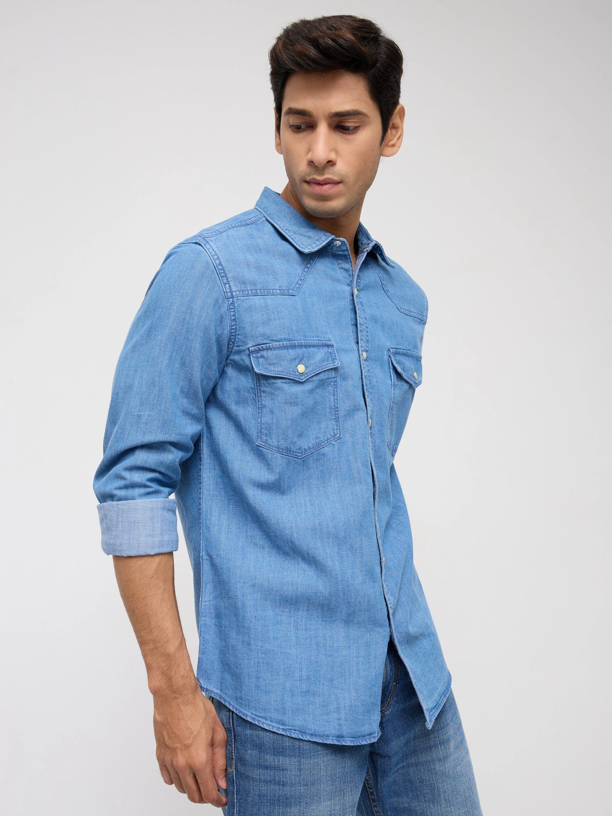 Men Shirt Denim Mid Blue Regular Fit
