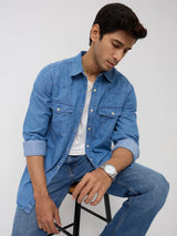 Men Shirt Denim Mid Blue Regular Fit